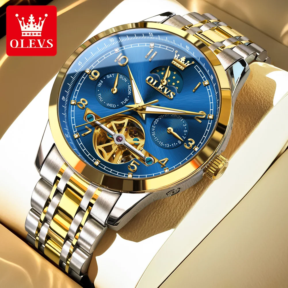 OLEVS 7071 Men Watches Original Luxury Automatic Mechanical Watches For Man Waterproof  Dual Calendar Moon phase Wristwatch New