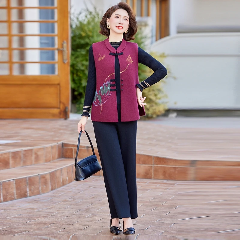 

Осенний модный комплект из двух предметов: вязаный свитер и жилет для женщин среднего и старшего возраста, в традиционном китайском стиле, свободного кроя.