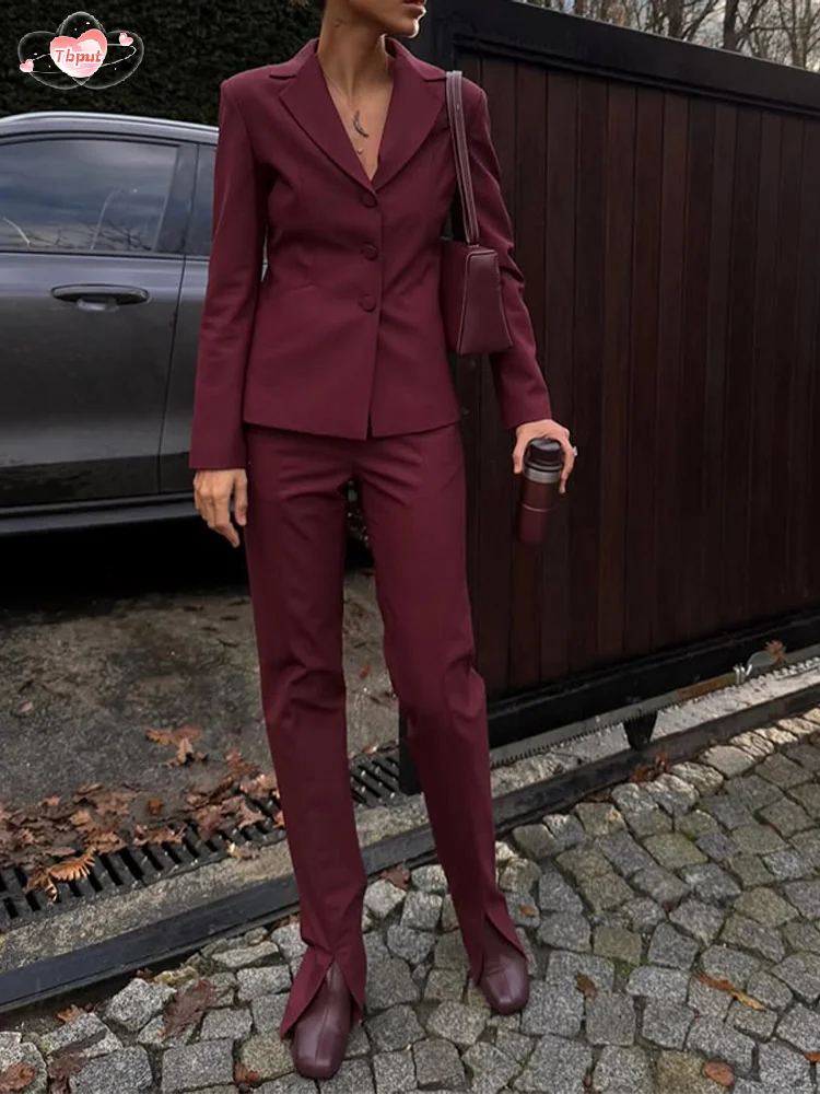 Lapel Collar Single Breasted Shoulder Pad Suit Set Women's Vintage Burgundy Pants Split Suits New Lady Office Commute Outfit