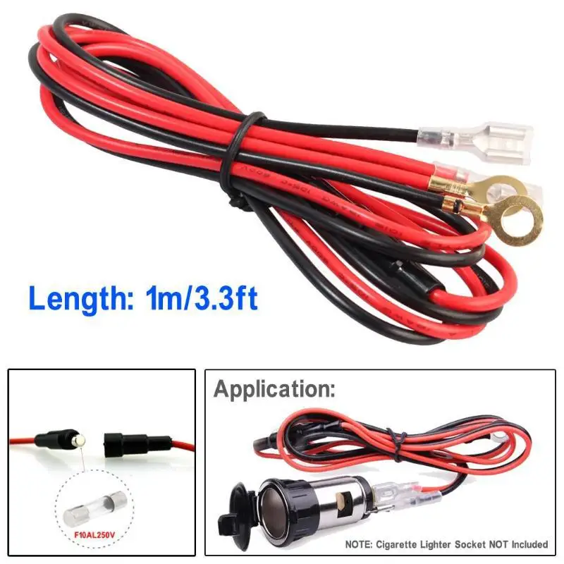 Car Cigarette Lighter Installation Cable 1m/3.3ft Car Charger USB Cable Power Cord 18AWG 10A Copper Wire with Fuse