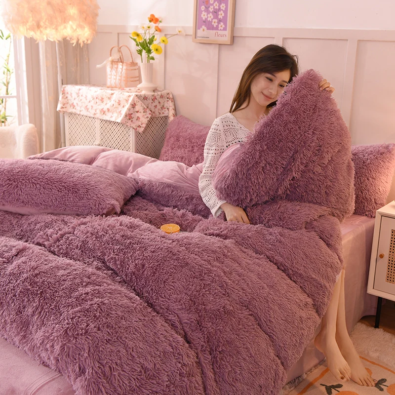 Thickened mink 4 pieces princess Bedding set winter Warm fluffy duvet cover sheet pillowcases Quilt cover sets girls queen king