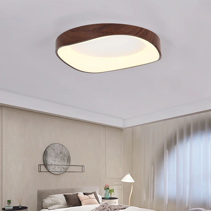 Nordic Wood Ceiling Light Round Log Walnut Remote Home Fixture LED For Study Living Room Hallway Bedroom Decoration Illumination