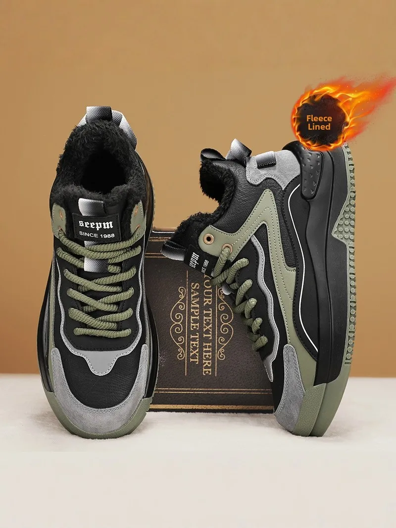 Men's Winter Thickened High-Top Sports Shoes Warm Fleece Lined Work Boots Rubber Outsole round Toe Casual All-Weather Footwear