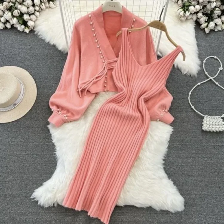 Korejepo  Lazy Wind Lace Up Bead Knitted Cardigan Set Women Sweater Jacket Skinny Suspender Dress Two Piece Sets Thick 2024