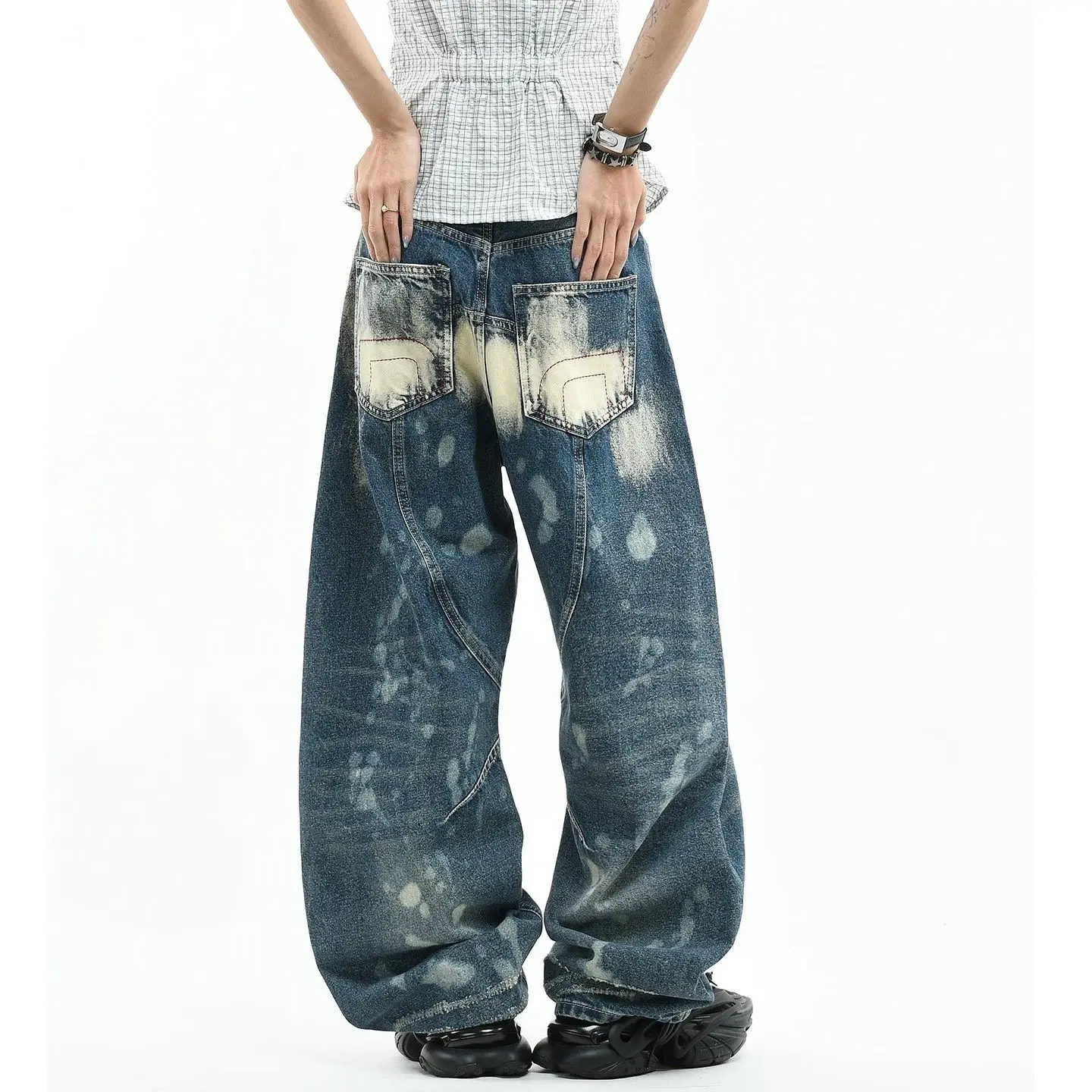 Men's Hole Design Punk Style Jeans Casual Pants Wide Legs Y2k Sweatpants High Waist Denim Trousers