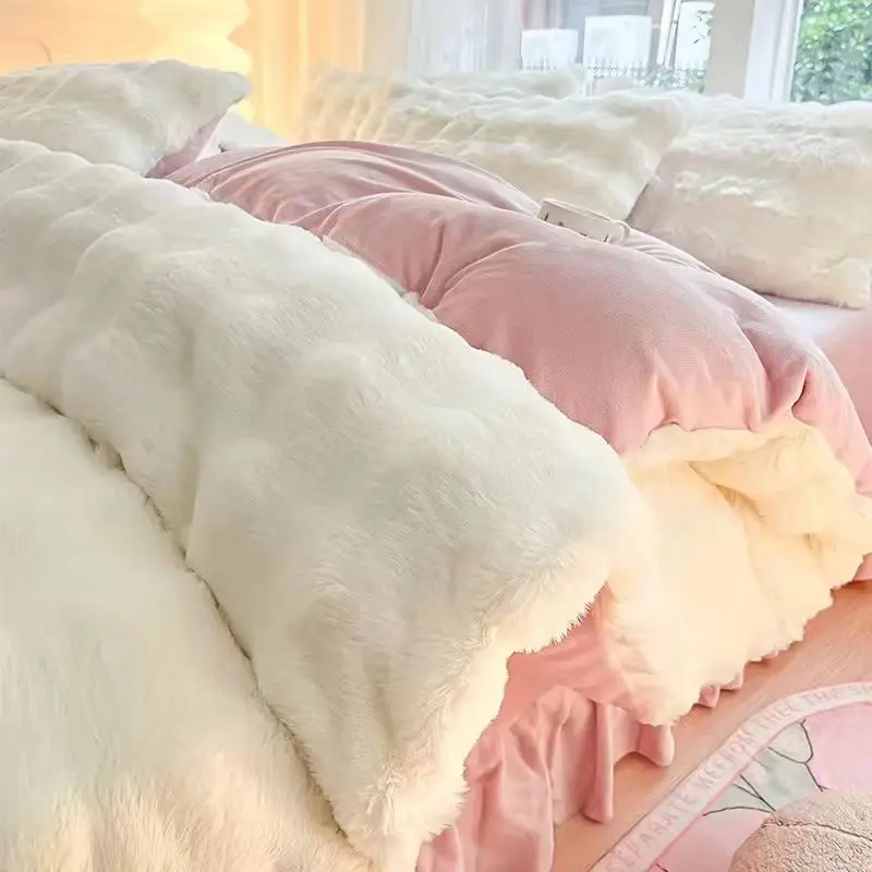 Thickened High-end Milk Fleece Four-piece Set Rabbit Fleece Bed Skirt Quilt Cover Winter Flannel Double-sided Fleece Bedding Set