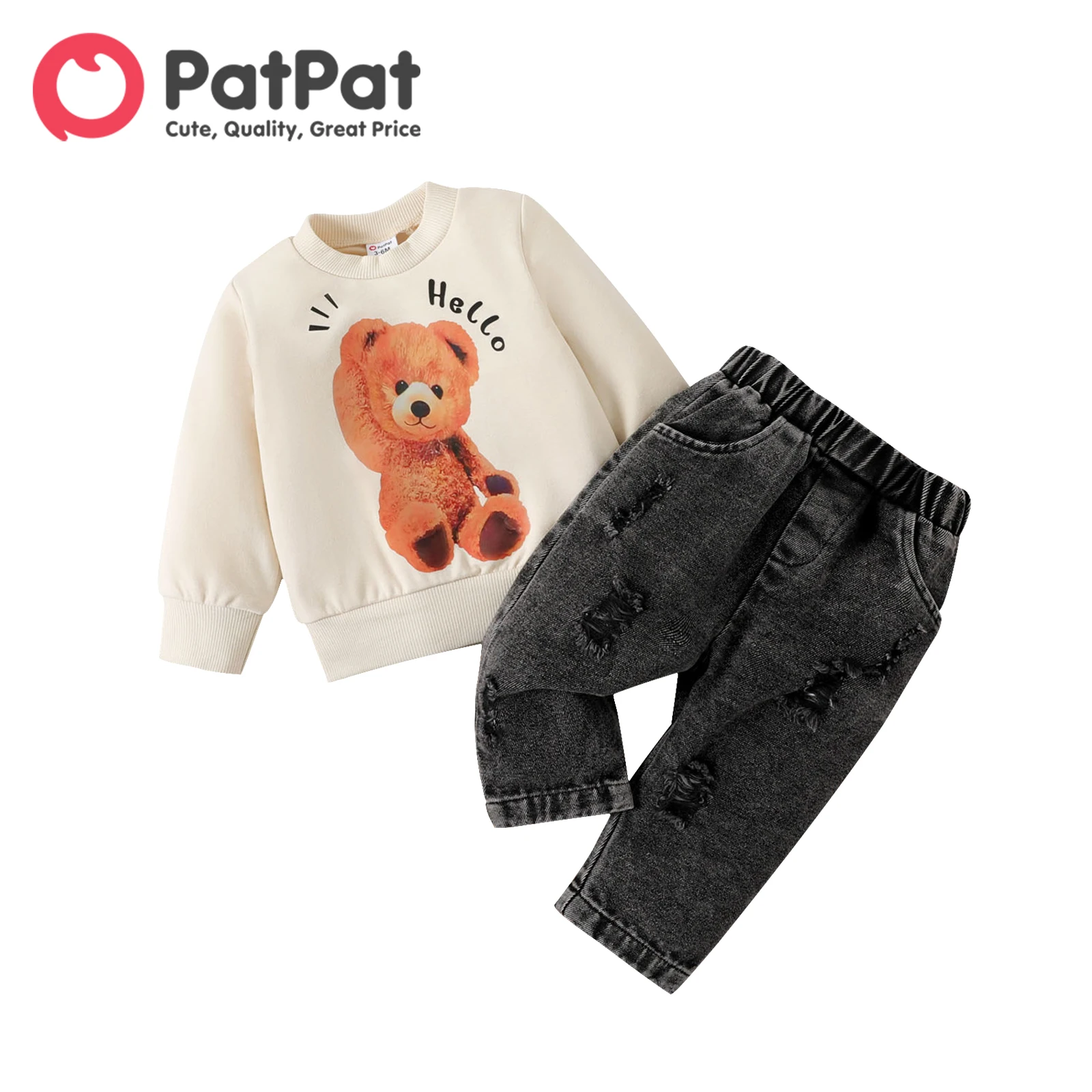 

PatPat 2pcs Baby Boy Bear Print Long-sleeve Sweatshirt and Ripped Jeans Set