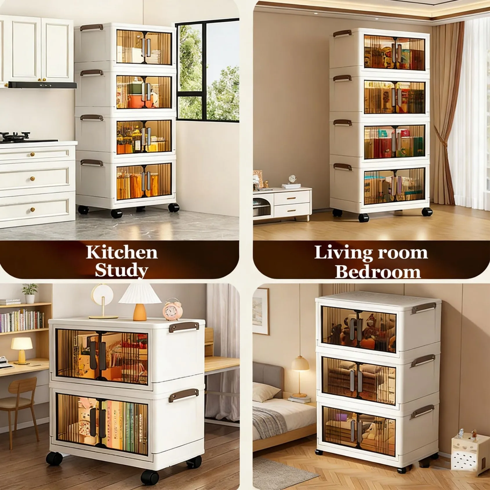 45"H Stackable Storage Cabinet with Doors & Wheels, Adjustable 5 Tier Plastic Organizer Bin for Home, Office, Garage Storage, White