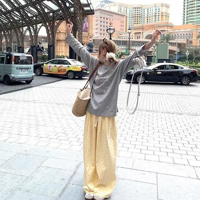 Calças de perna larga vintage das mulheres primavera modal malha cordão leitoso pêssego personalizado concurso agrupado bandagem estética retro