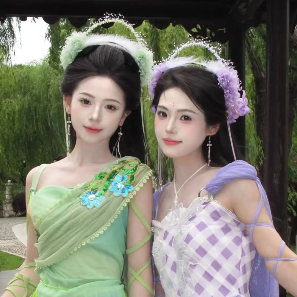 

Lovely Feather Flower Headband Bead Seven Fairy Tassel Hair Hoop Cloth Elf Hanfu Hair Accessories Daily Life