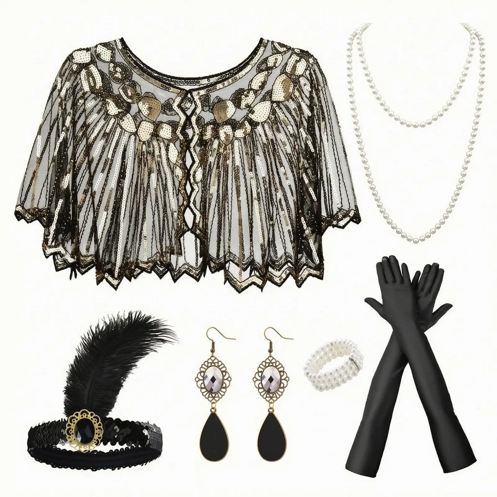 1920s Flapper Cape Costume Set for Women with Long Gloves Beaded Bracelet Feather Headband for Retro Dress Up Party