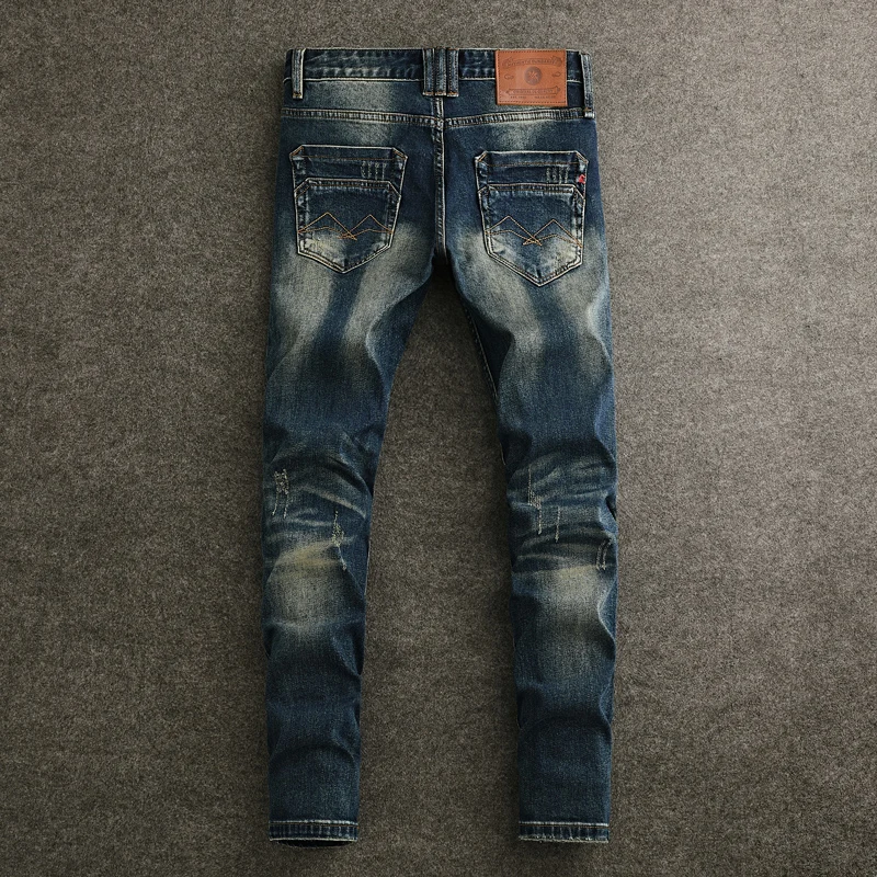 Celana Jeans pria sobek pas badan, celana Denim lurus Vintage Retro kualitas tinggi, celana jins ketat pria