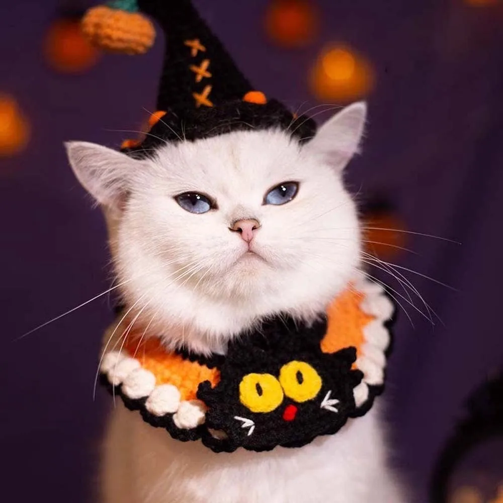 

Durable Breathable Halloween Pets Costumes Clothes Ghost Halloween Cat Headgear Fashionable Tie Cat Woven Hat Bib Cosplay