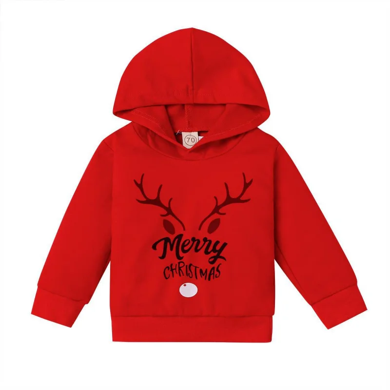 

Children's Clothing Style Christmas Holiday Reindeer Two-tone Hooded Pullover Sweatshirt Boys and Girls In Stock Direct Shipping