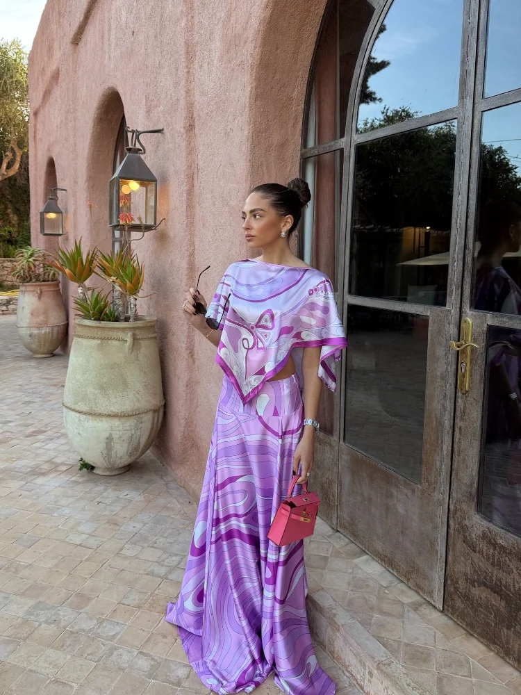 

Fashion Women Printed Skirt Set Round Neck Half Sleeve Scarf Top And High Waist Long Skirt Slim Summer Vacation Beachwear 2026