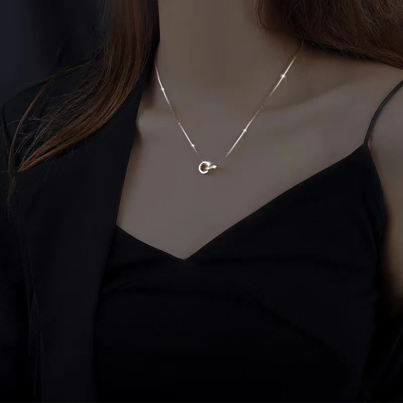 925 Sterling Silver Sparkling Circle Lock Fashion Pendant Necklace Basic Daily Trendy Jewelry Choker For Women Christmas Gifts