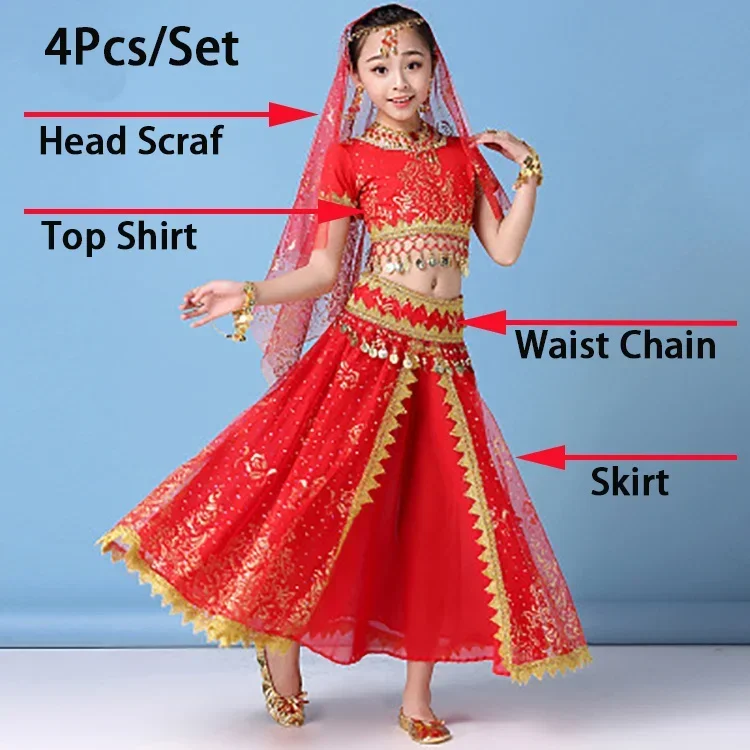 Costume Set per bambino India vestito da ballo vestiti di danza del ventre Performance sul palco vestito in Chiffon 4 pz/set Sari Enfant Girl