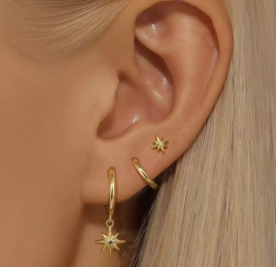 

Minimalist Octagram Star Earrings Set,Dainty Drop Earrings with Eight-Pointed Star Pendant,Hypoallergenic Jewelry Gift for Women