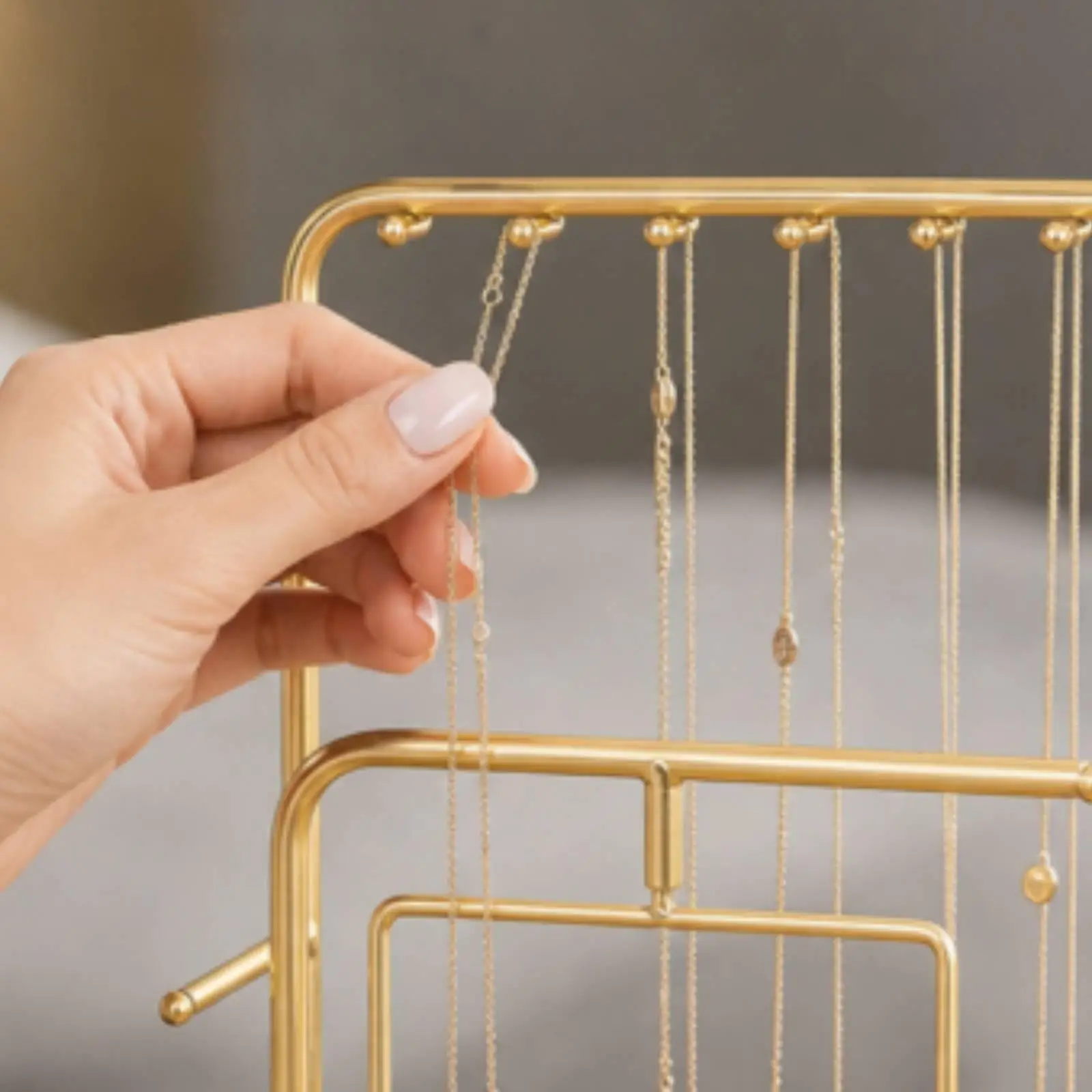 Freestanding Rotating Jewelry Stand Gold Metal Earring Organizer Necklace Display Rack Ring Tray Compact Vanity Desk Storage