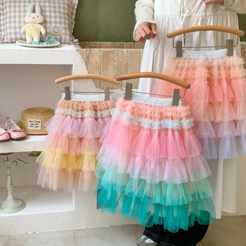 Wholesale Rainbow Tulle Layered Tutu Skirt Girls Princess Mesh Petticoat Ruffle Ballet Dance Skirt Kids Birthday Party Dress