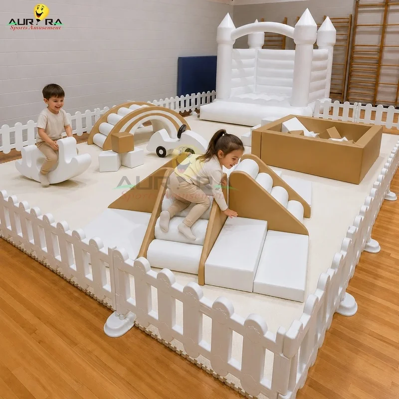 Beige White Soft Play Set with Bounce House Roller Bridge and Climbing Blocks for Party Rental Businesses