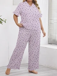 Large size women's home clothing elegant purple floral print short sleeved&long pants pajama 2-piece set