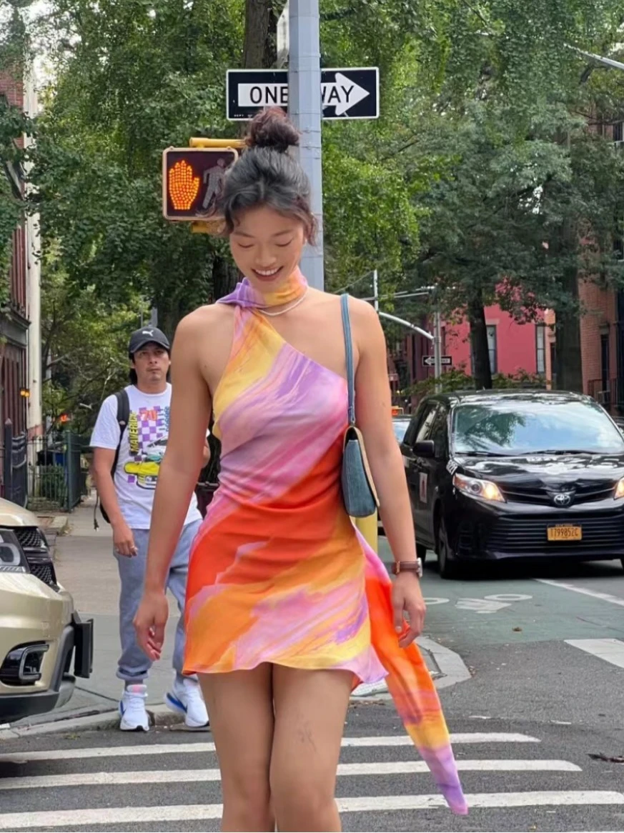 

Romantic Vacation Style Sweet and Spicy Dopamine Rainbow Backless Ribbon Hanging Neck Dress