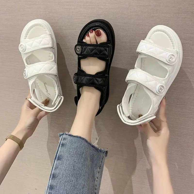 Women Summer Sports Sandals Thick-soled Increased Plaid Roman Shoes With  Casual RoundToe Comfortable Felmale Flat Sandals