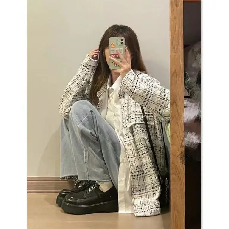 

Autumn Woman Jackets Hem Single-Breasted Tweed Double-Sided Textured High-End Button Ladies' Thin Zippers All-Match Basic Niche