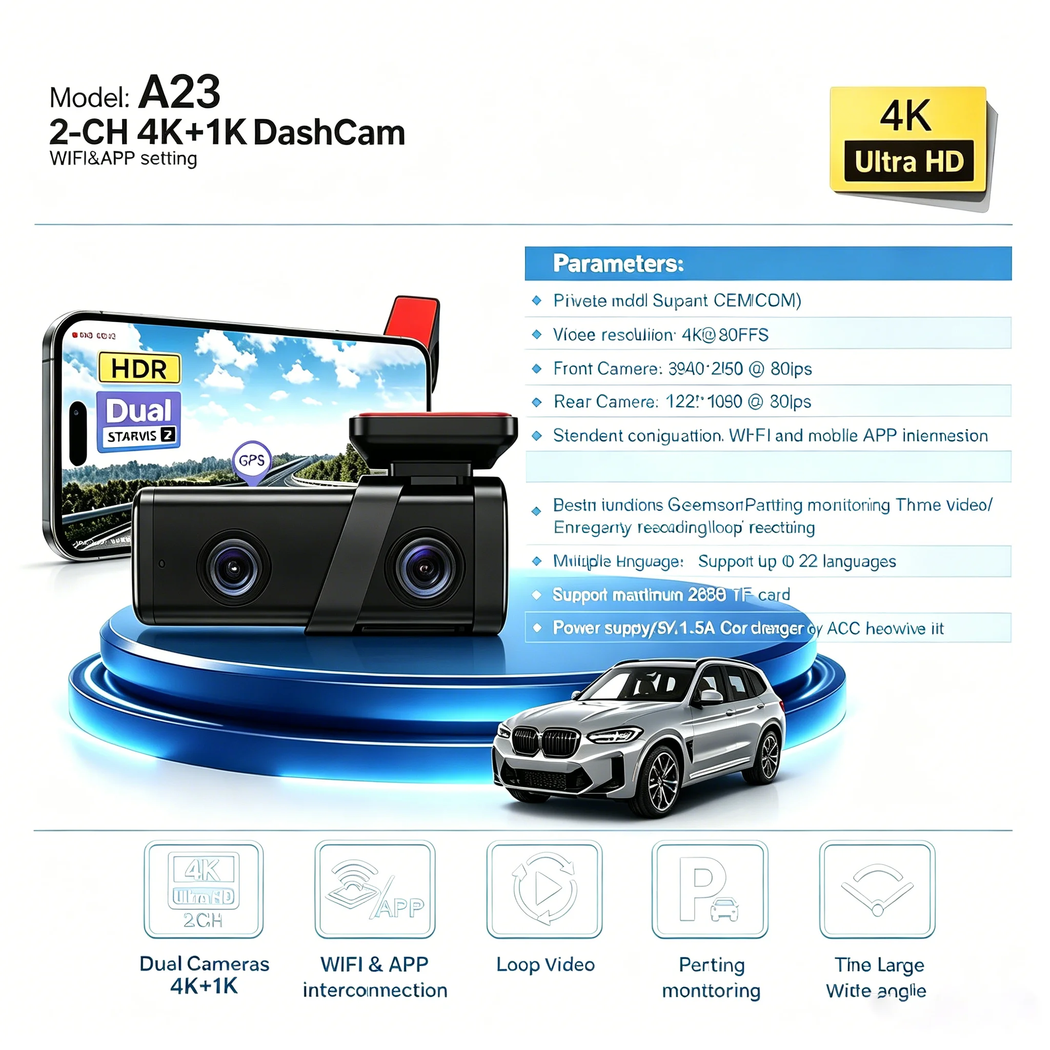 A23 Dual-Lens 4K+1K Car Dash Cam with WiFi Mobile Interconnectivity Rear Camera Auto Recording Parking Surveillance System