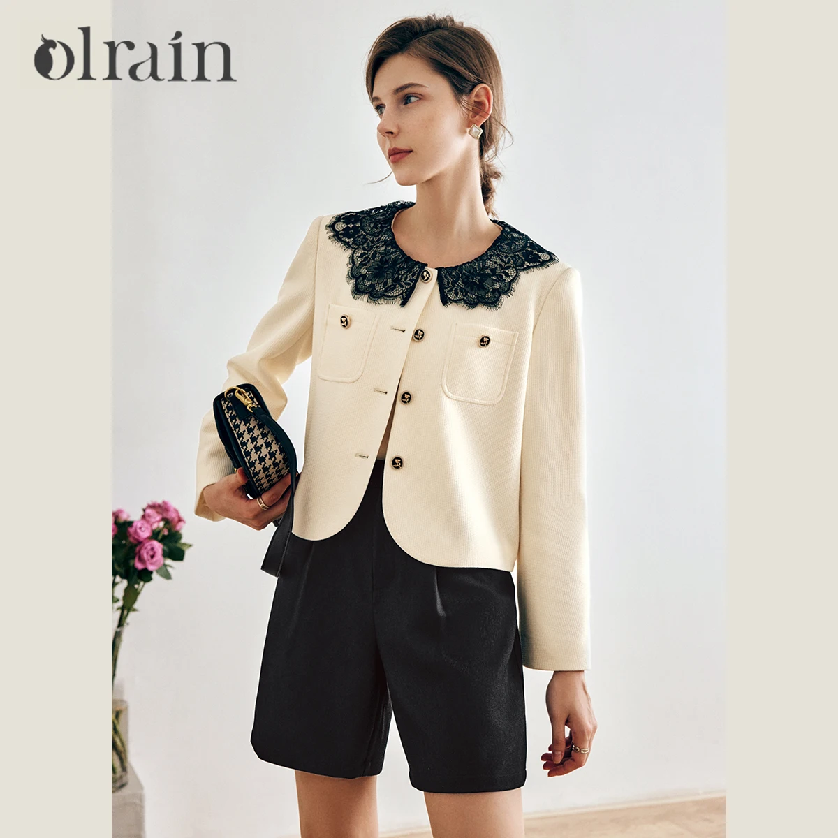 

OLrain Elegant Short Jackets for Woman 2025 Autumn Winter Lace Crew Neck Long Sleeve Waffle Knitted Outerwears Ladies O22QW63328