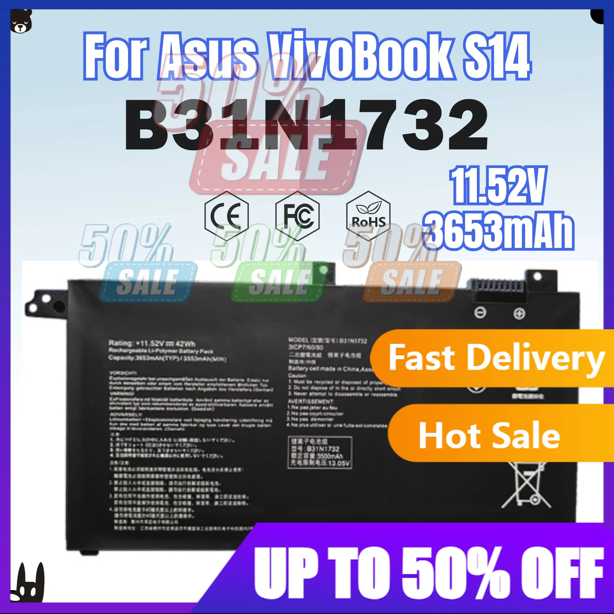 

【Fast Delivery】New 11.52V 3653mAh B31N1732 Battery For Asus VivoBook S14 S430FA X430FA K430FA R430FA S4300UF V430FA F571GD FX571