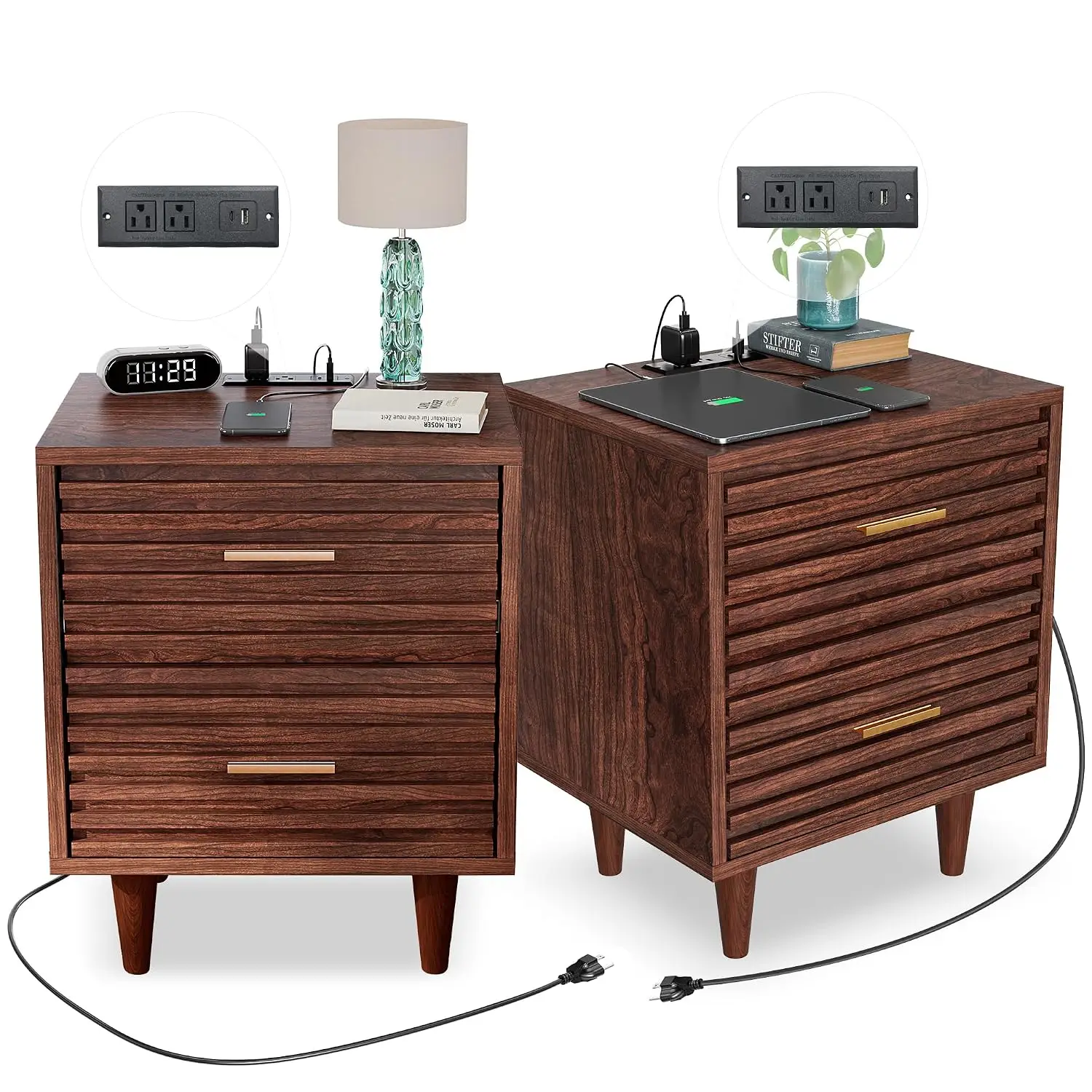Mid Century Nightstand Charging Station USB & Outlets 2 Drawers Storage Bedside Table Bedroom 2PCS, Customized
