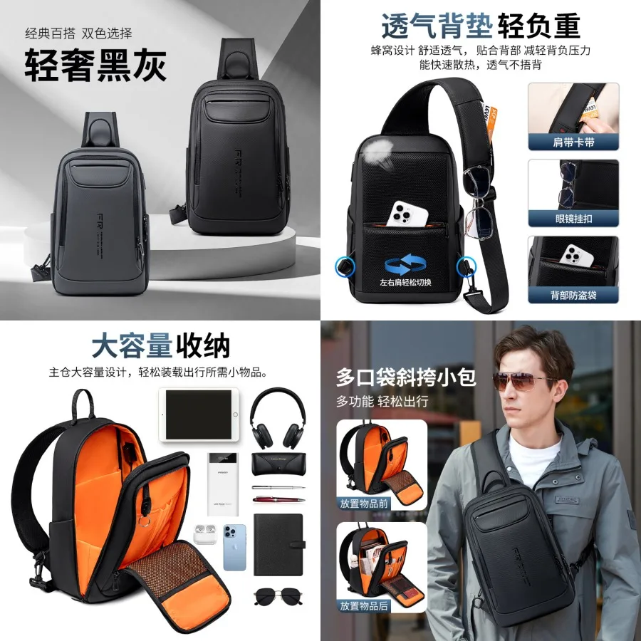 

【New Arrival】Men Casual Waterproof Chest Sling Bag Multi-Layer Large Capacity Business Single Shoulder Crossbody Bag Daily Travel Phone Bag