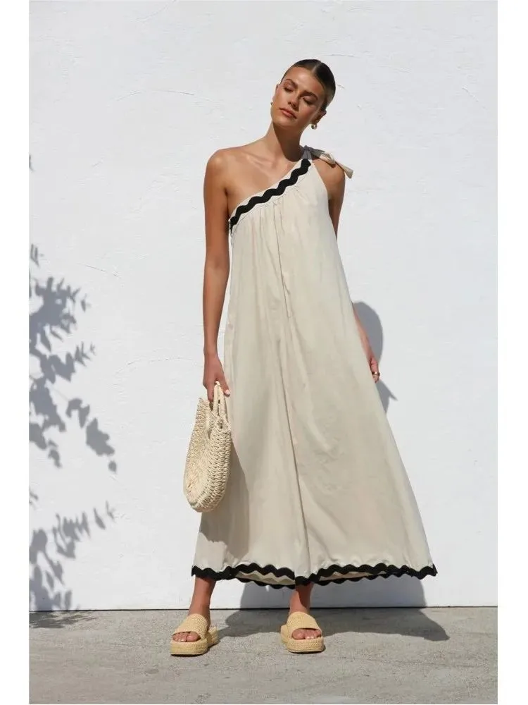 Breathable Loose Strapless Floral Lace Holiday Style Long Dress Women's Gown V-neck Zipper Closure A-line Skirt Polyester Fabric