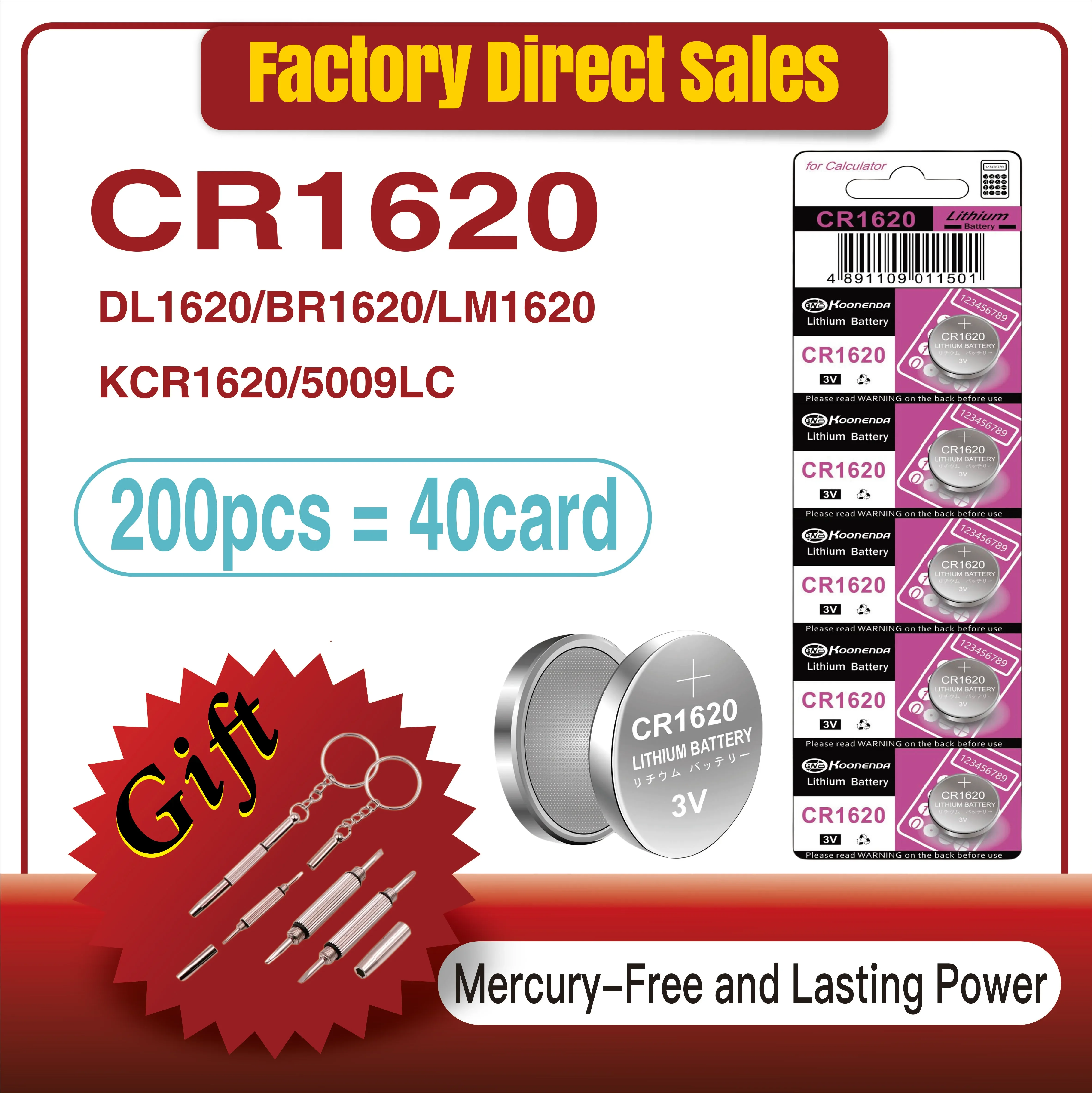 200PCS CR1620 3V 75mAh Lithium Battery LM1620 BR1620 ECR1620 KCR1620 CR 1620 5009LC Coin Cells Watch Toys Button Batteries