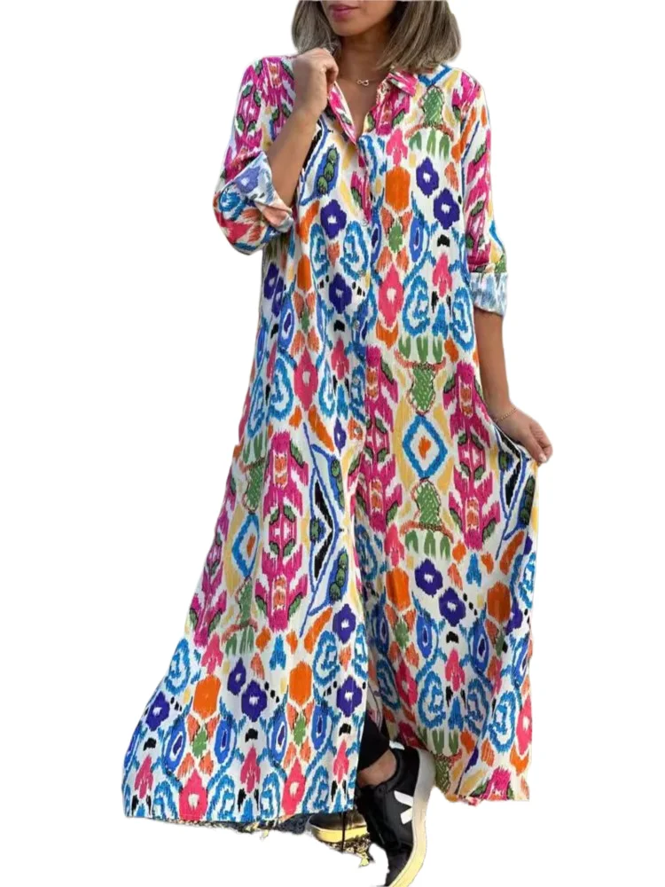 Abito camicia con stampa di moda per donna Abiti casual a maniche lunghe con bottoni Abiti larghi Robe Femme Boho Gonna da vacanza Abbigliamento donna Primavera