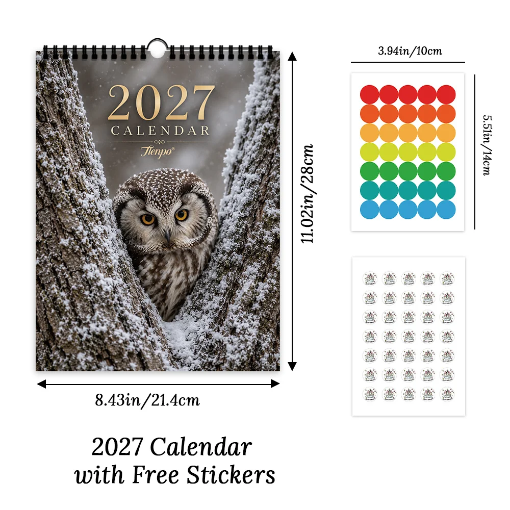 1pc 2027 Wild Owl Nature Illustration Wall Calendar,12-Month Monthly Planner,Perfect Gift For Back-to-School, Christmas,New Year