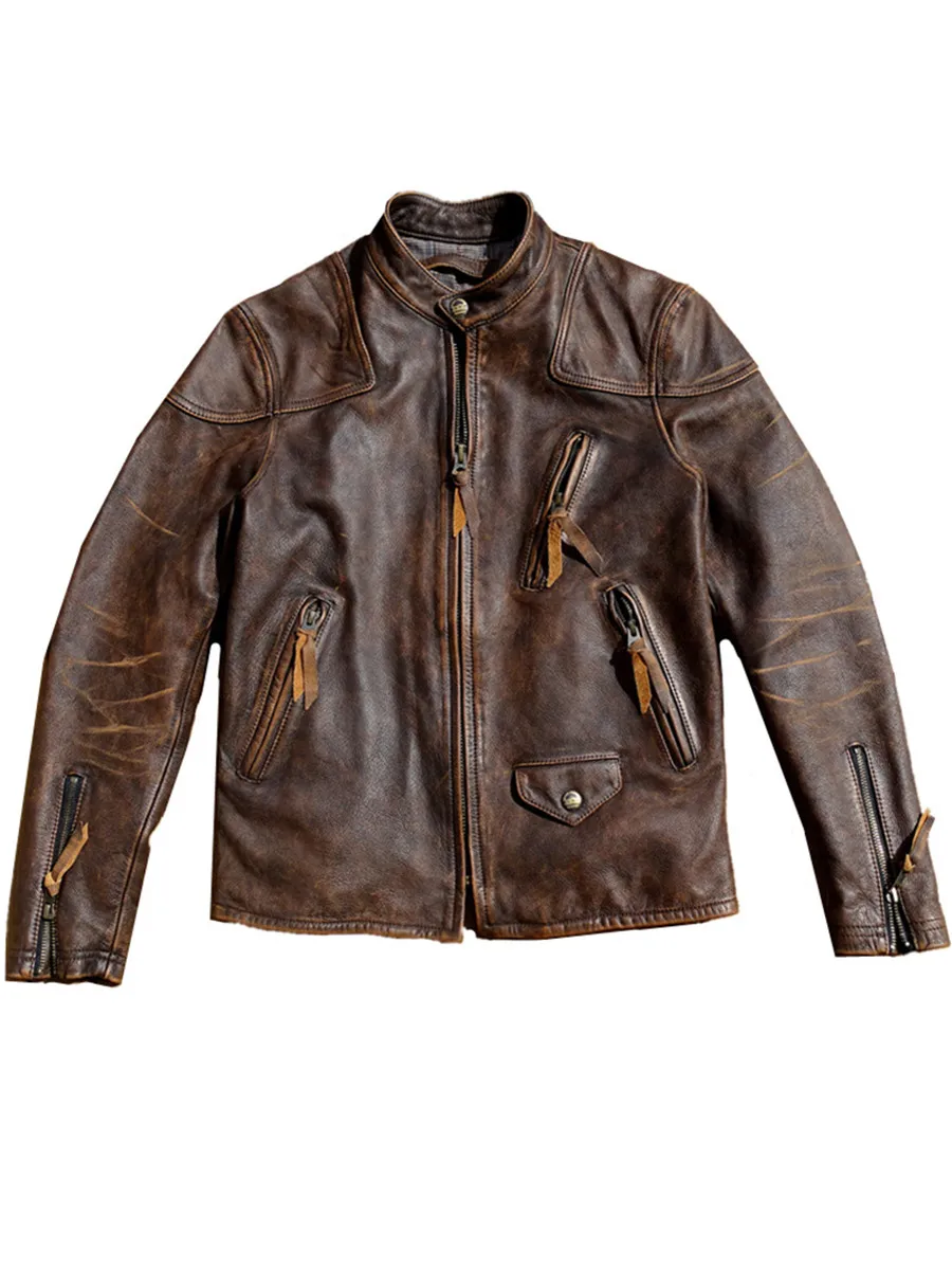 

Dark Brown Autumn Leather Jacket Men Retro Vintage Style Plus Size 5XL Genuine Natural Cowhide Stand Collar Leather Coat