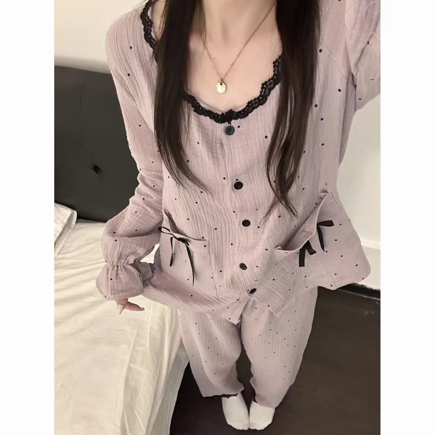 

Pjs Set Women's Pajama Set Lace Border Bow Women's Warm Winter Pajamas Fashionable Home Clothes Pajamas Cute and Soft Pajama Set