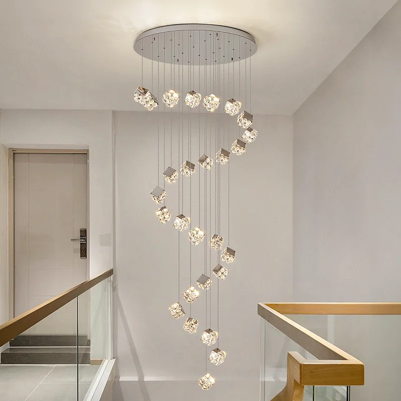 

Light luxury crystal staircase, long duplex villa, empty living room, large chandelier, modern and simple chandelier