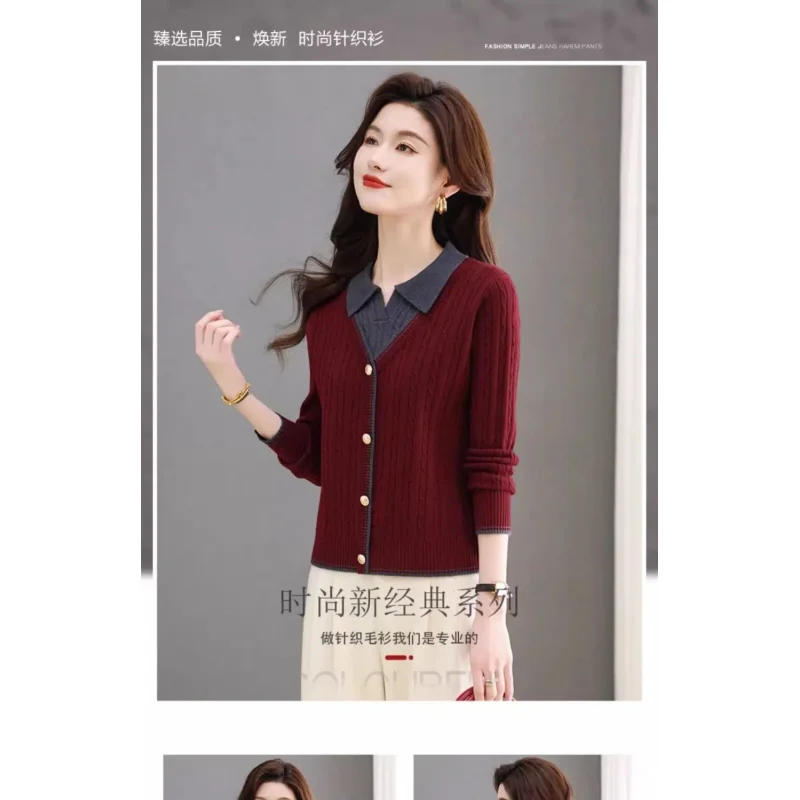 

2025 New Fake Two-piece Sweater for Autumn and Winter 2025 Women's Fashion Loose Lapel Top with Base Shirt Top