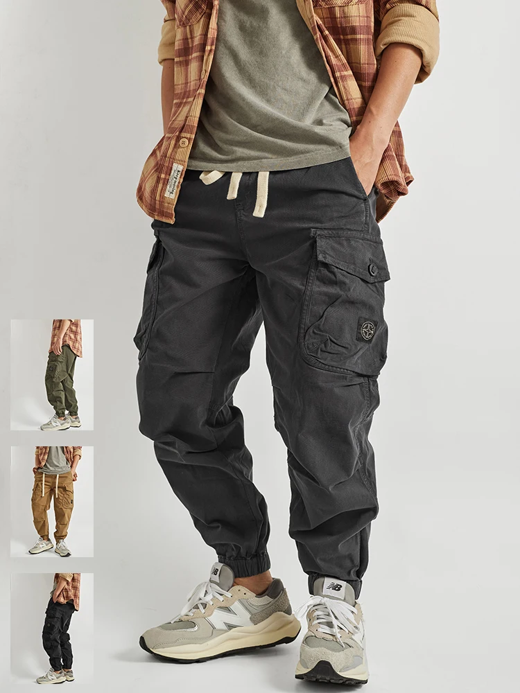 

Men's Multi-ket Work Pants Loose Fit Trendy Brand Waed out Elastic Waist Sports Casual Trousers Breathable Khaki Youth A...