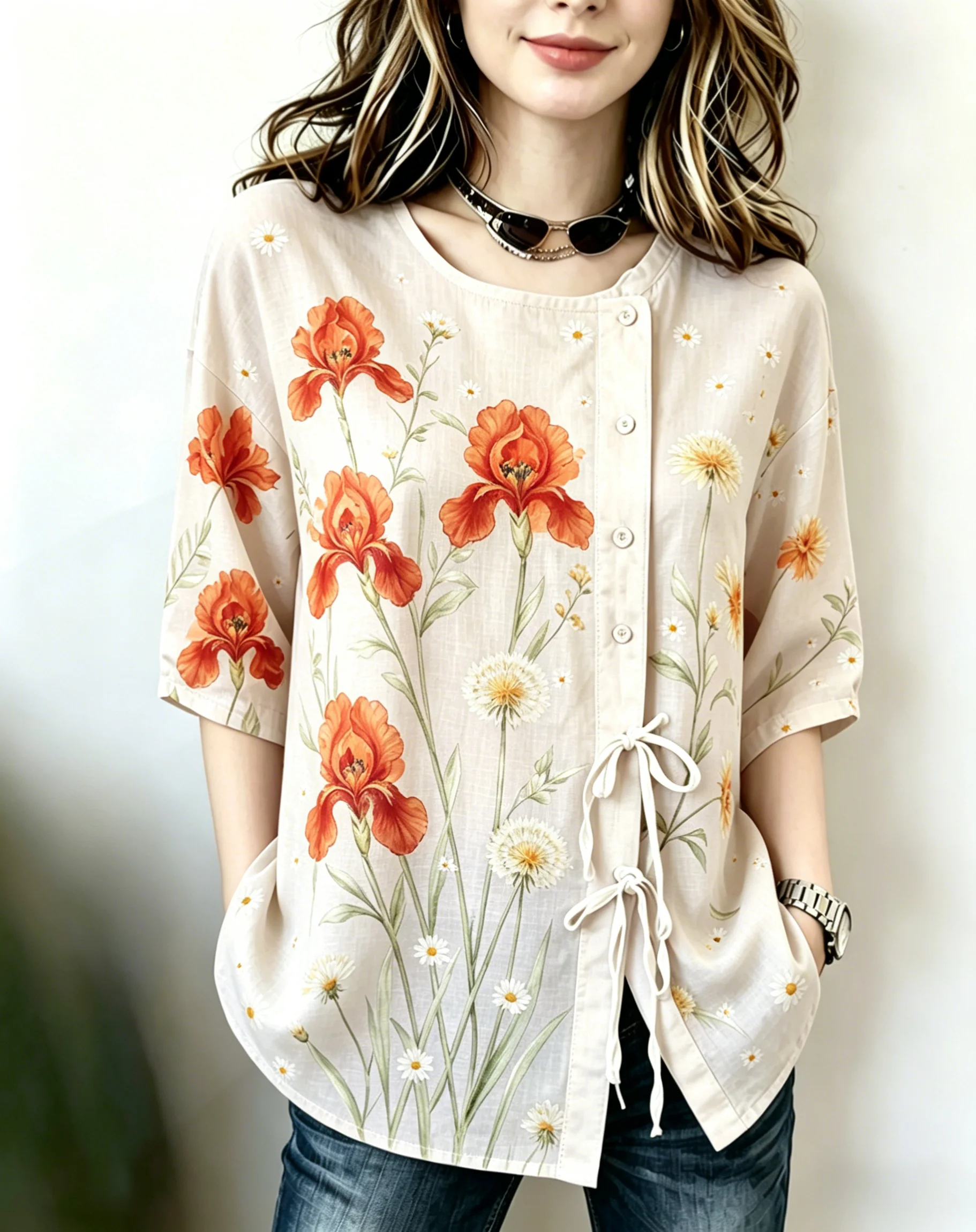 Women's Mint Green Iris Print Drawstring Button Up Blouse, Casual Round Neck Tops for Spring Summer Daily Vacation Wear