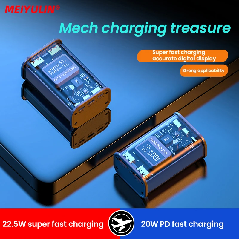 10000mAh Transparent Power Bank 22.5W USB C PD20W Fast Charging Portable External Auxiliary Battery for iPhone 15 Xiaomi Samsung