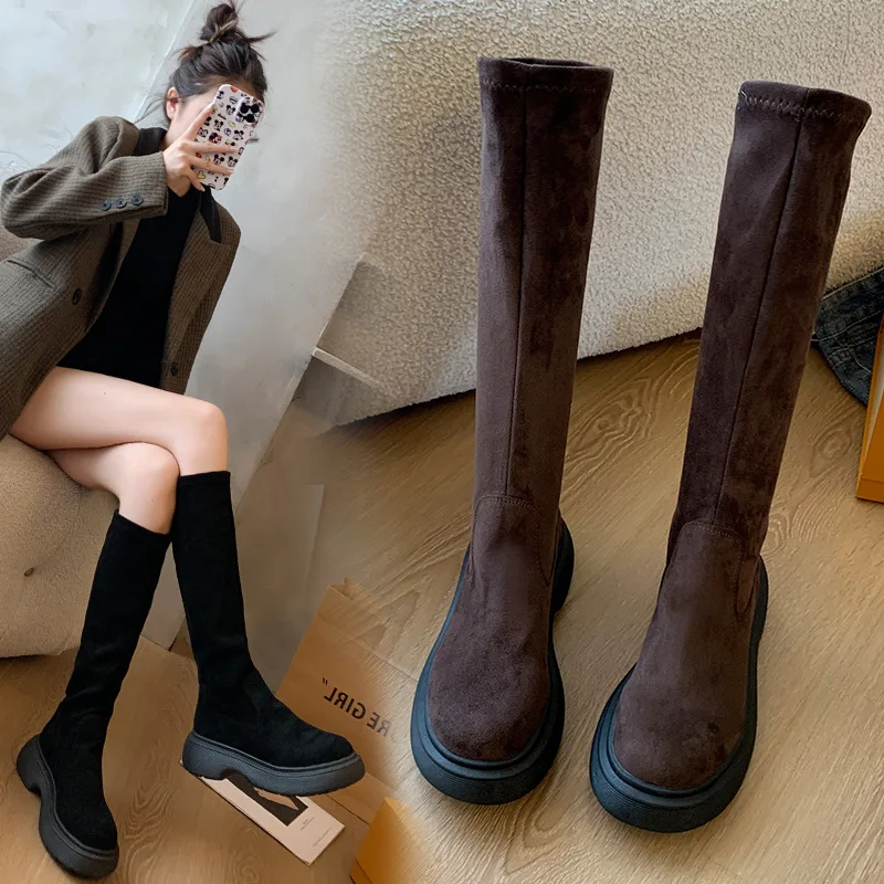 Suede long boots for women  not over the knee long boots  French flat mouth retro high top knight boots for women