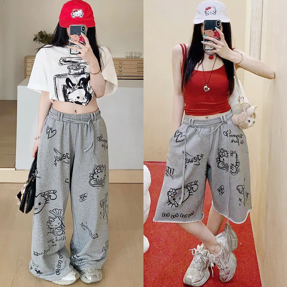 

Kawaii Women Hello Kitty Casual Pants Sanrio Cartoon Cotton Long Pants Anime Girls Student Cute Dance Wide-Leg Pants Draw Rope