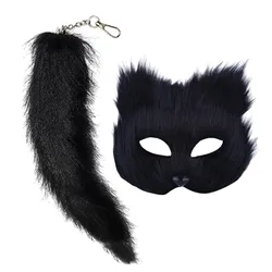 Maschera e coda Therian Set Fuzzy Cats volpi maschera di lupo coda Costume di cosplay di Halloween Costume da palcoscenico di Halloween cospays 2024