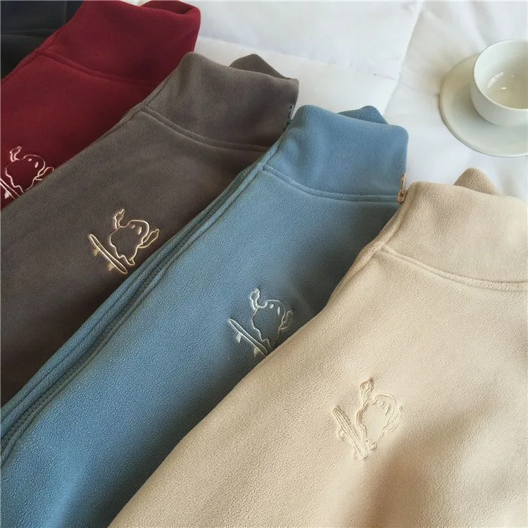 Fleece Thickened Embroidered Turtleneck Sweater Cardigan Women's Warm Fleece Jacket