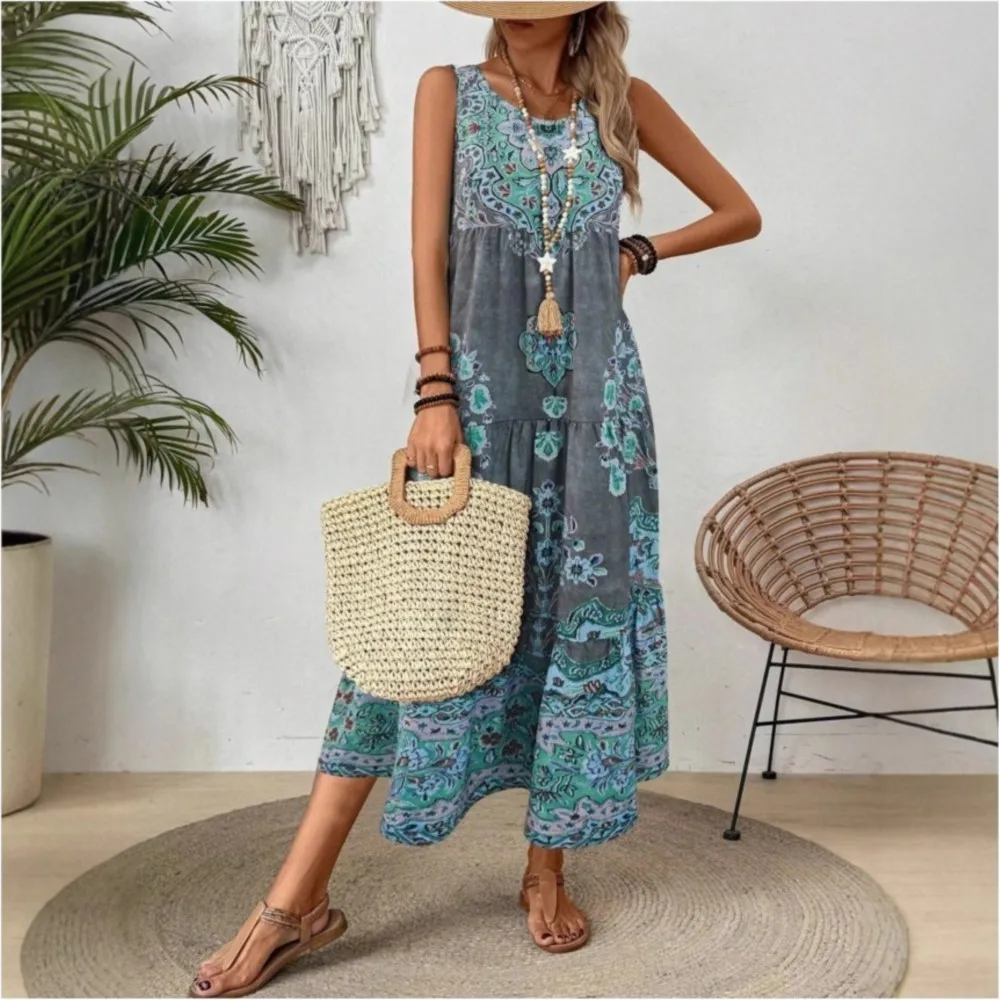 2025년 유행 보헤미안 슬리브리스 V넥 플로럴 프린트 드레스 우아한 여름 휴가 선드레스